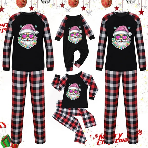 Odeerbi Christmas Pajamas for Family Holiday Plaid Long Sleeve Family Christmas Pajamas Matching Sets Infant Print Parent-child Suit Two-Piece Sleepwear Xmas Family Matching PJs Set Black