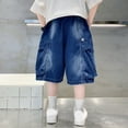 thumbnail image 6 of Kids Streetwear Hardware‑Decor Pleated Cargo‑Pocket Knee‑Length Denim Shorts, Elastic Waist Loose‑Fit Boys Summer Outdoor Casual Shorts, 6 of 7