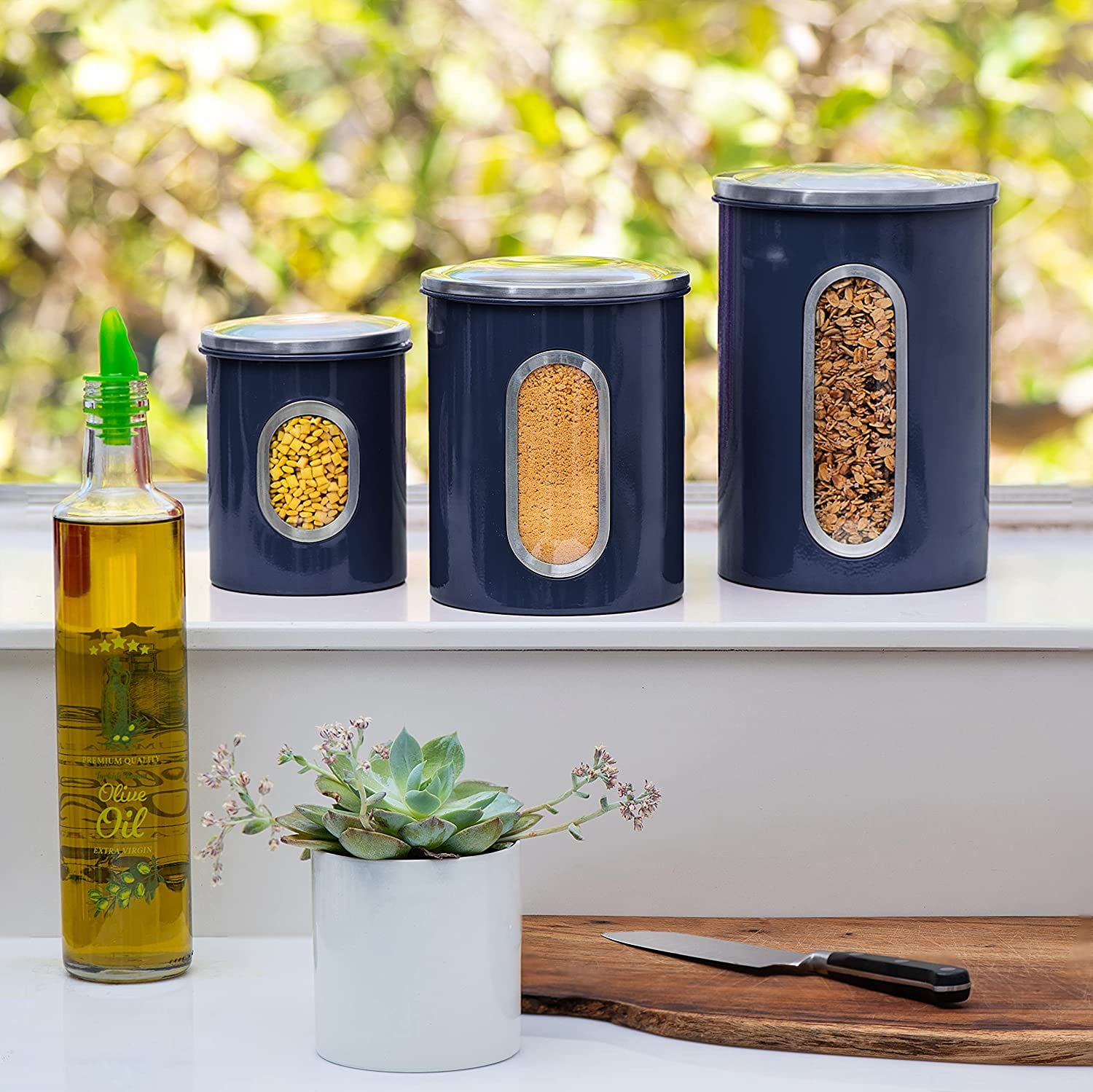 Mixpresso Airtight 3 Pcs Blue Kitchen Canister Set Stackable with Window