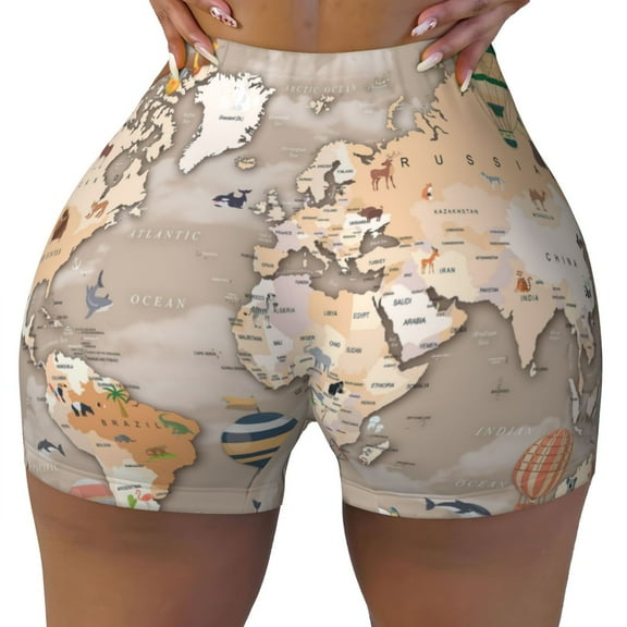 Kdxio World Map With Animals Print Workout Shorts for Women Seamless Soft Smooth Gym Yoga Scrunch Active Shorts