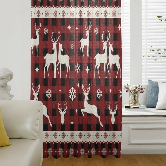 Christmas Deer,Semi Sheer Curtains Drapes for Living Room,Bedroom,French Doors Window 45 Inches Long,Reindeer Winter Xmas Snowflake Plaid Red Rod Pocket Chiffon Curtain Drapery Voile Draperies Panel
