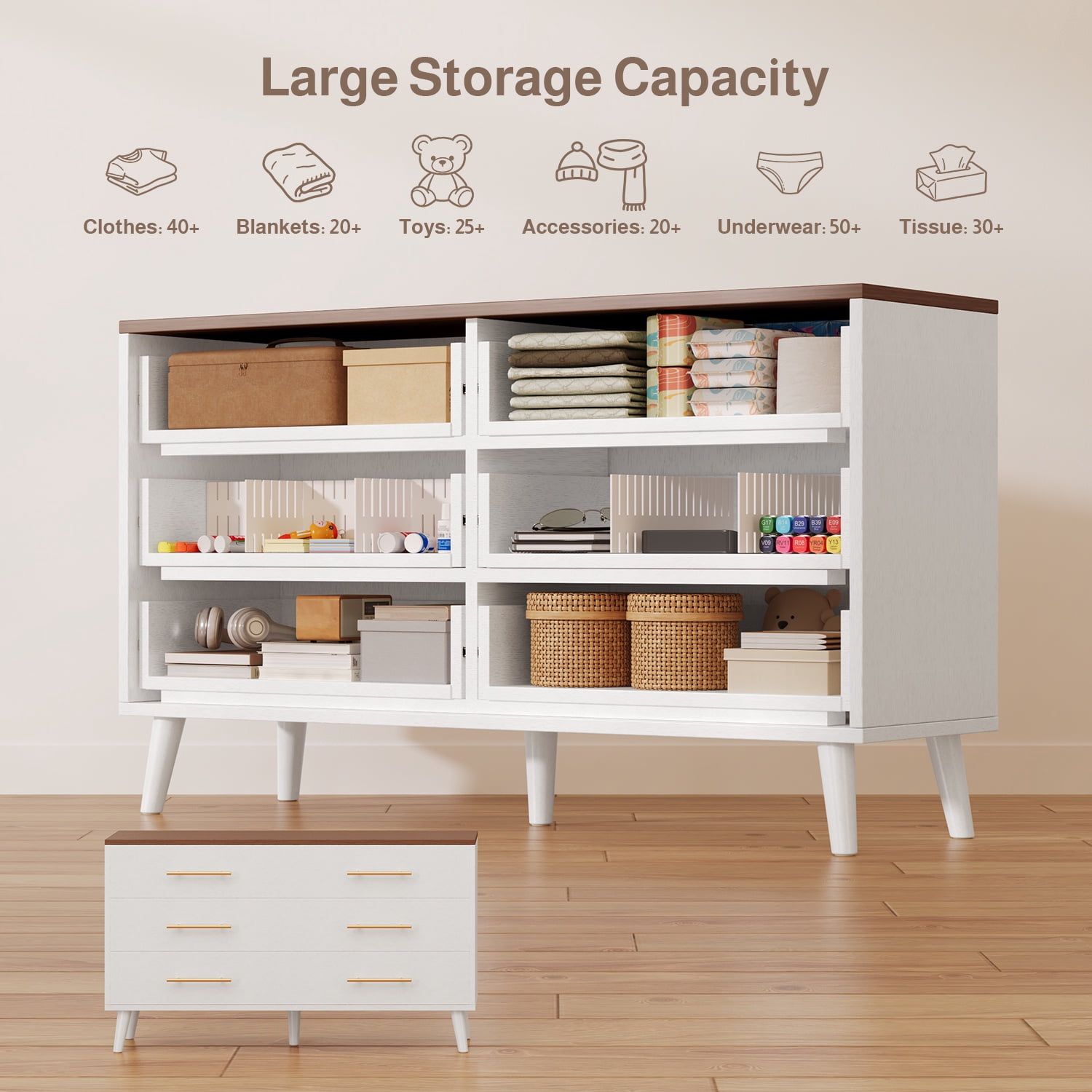 Noelse 6 Drawer Dresser with Metal Handles, Modern Storage Chest TV Stand for Bedroom, Rustic White