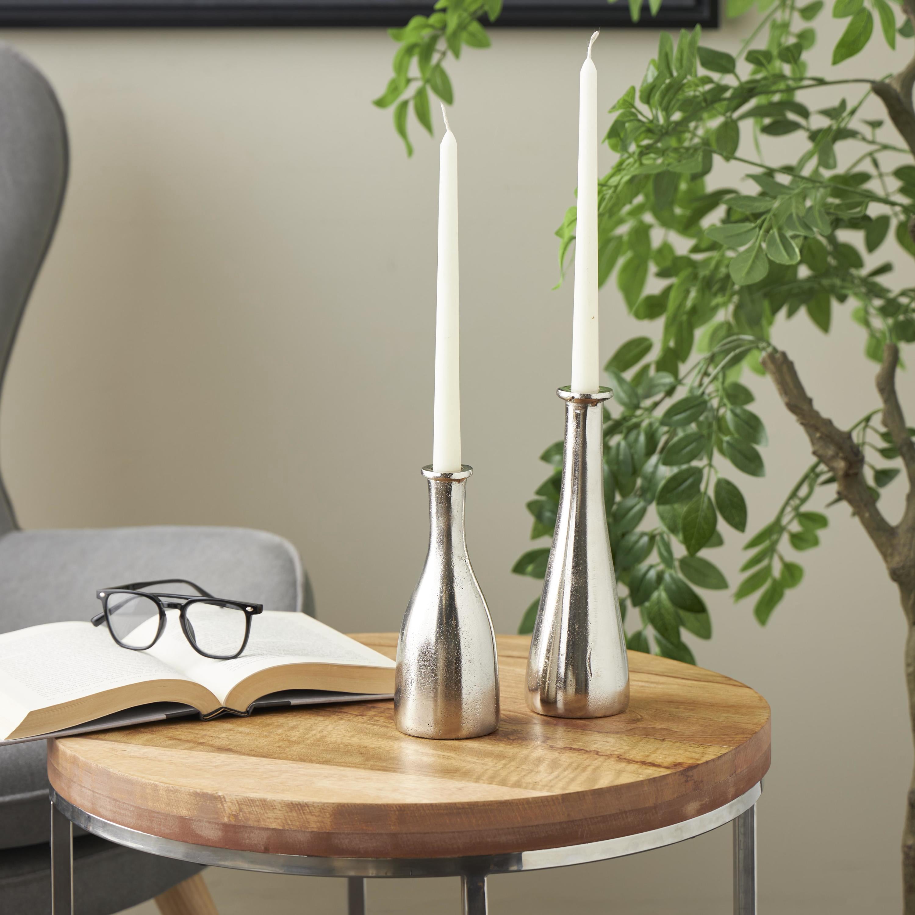 DecMode 2 Candle Silver Aluminum Metal Candle Holder with Varying Shapes, Set of 2