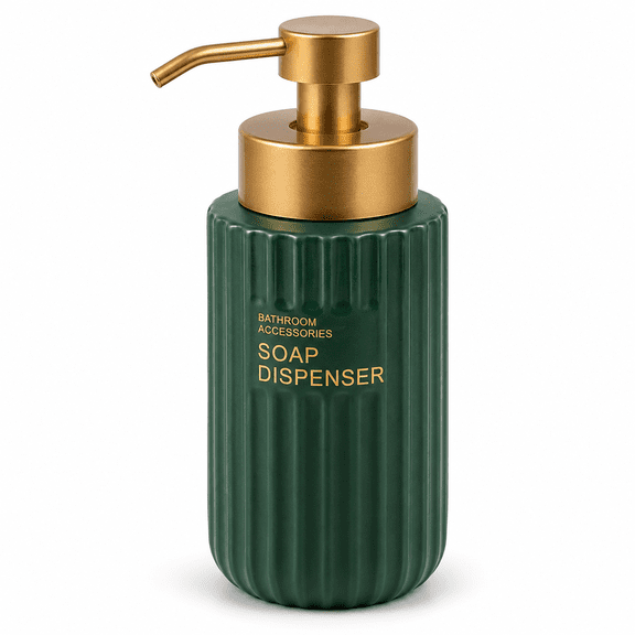 ABCISI Dark Green Foaming Soap Dispenser with Gold Pump, 10.1 Oz Vertical Stripe Ceramic Refillable Hand Soap Bottle with Gold Lettering for Bathroom and Kitchen