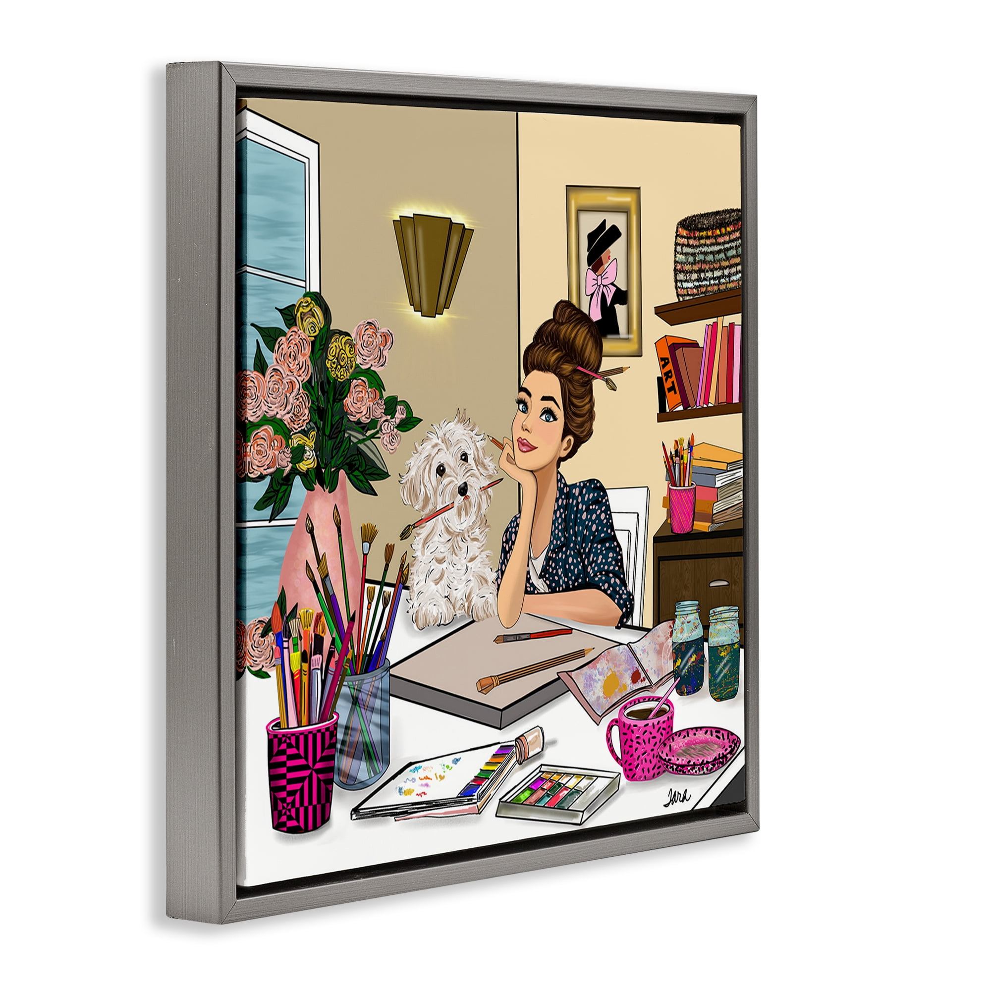 Stupell Industries Creative Art Girl at Desk Gray Framed Floater Canvas Wall Art, design by Tara Boone