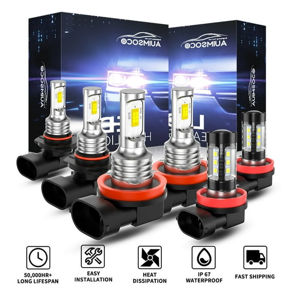 6x LED Headlight Bulbs For Toyota 4Runner 2010-2016 2017 2018 2019 2020 , 6000K 9005 H11 H11 Combo, 4000 Lumens Super White High Low + Fog Lights Kits, 50000 Hours Lifespan, 300% Brighter