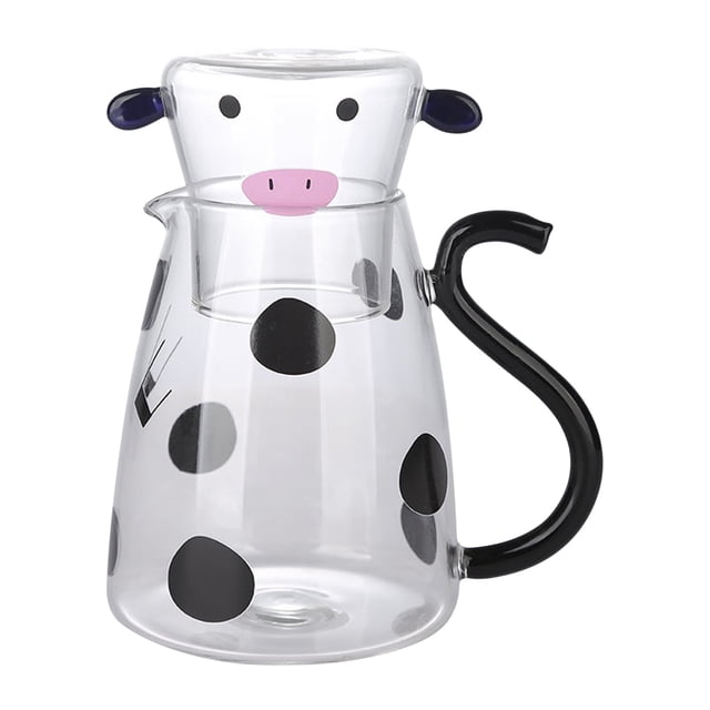 Cow Glass Water Pitcher with Glass Cup, Borosilicate Glass Jug for Water, Tea, Milk & Juice, Unique Cow Pattern Design for Home and Kitchen, Stable, Leak-Proof Beverage Bottle