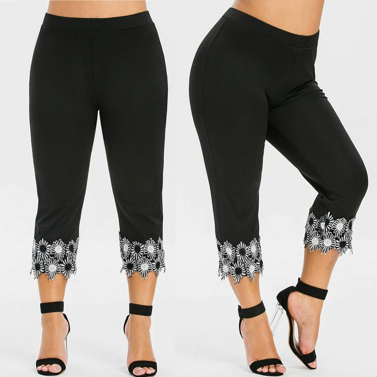 JWZUY Women's Plus Size Lace Trim Capri Leggings Stretch Crop Leggings  Summer Tights Pants White XXL