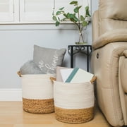 Set of 2 Round Storage Basket, Braided Seagrass & Cotton Rope (MD+SM), Natural & White