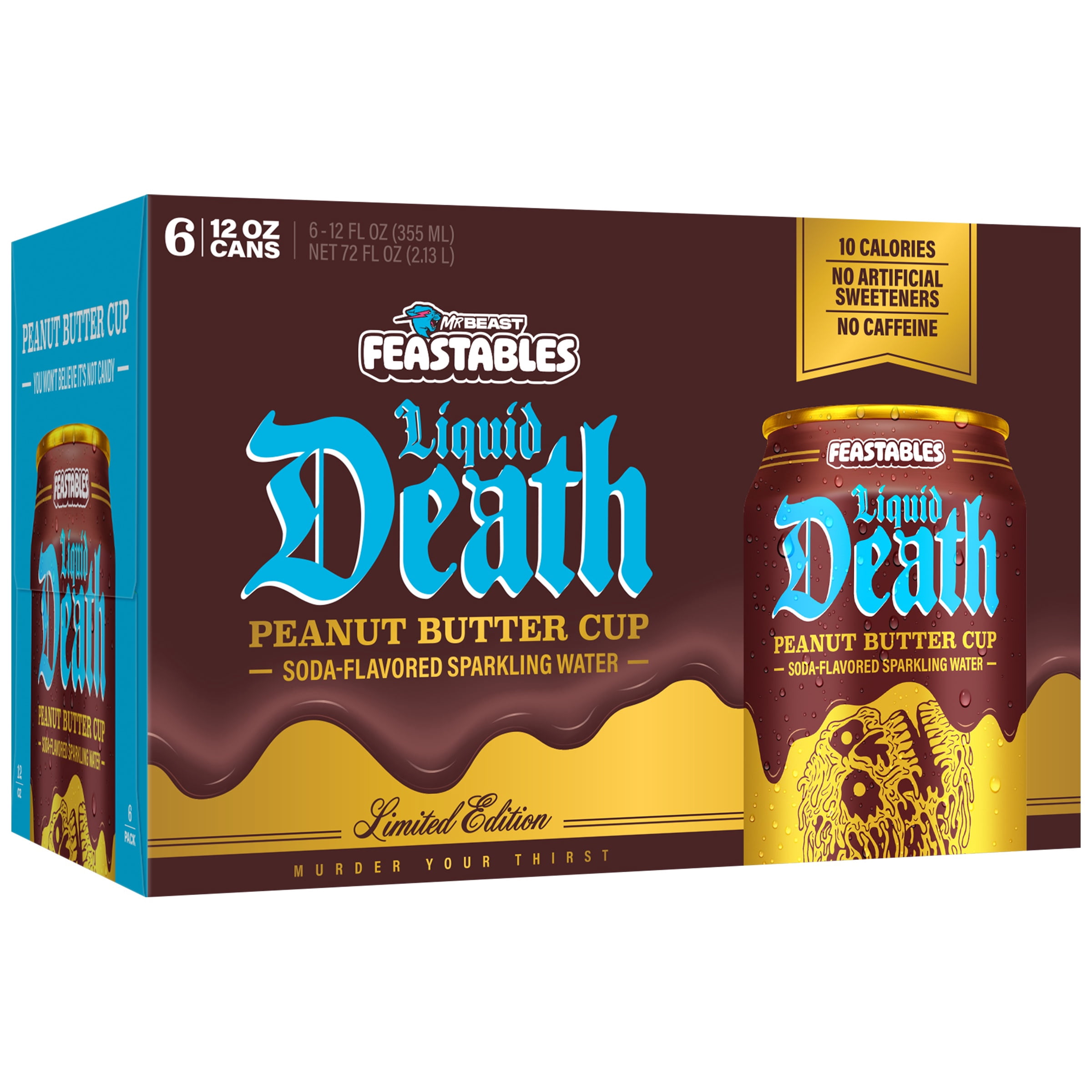 Liquid Death Sparkling Water, Feastables Peanut Butter Cup 12 fl oz. Cans (6-Pack)