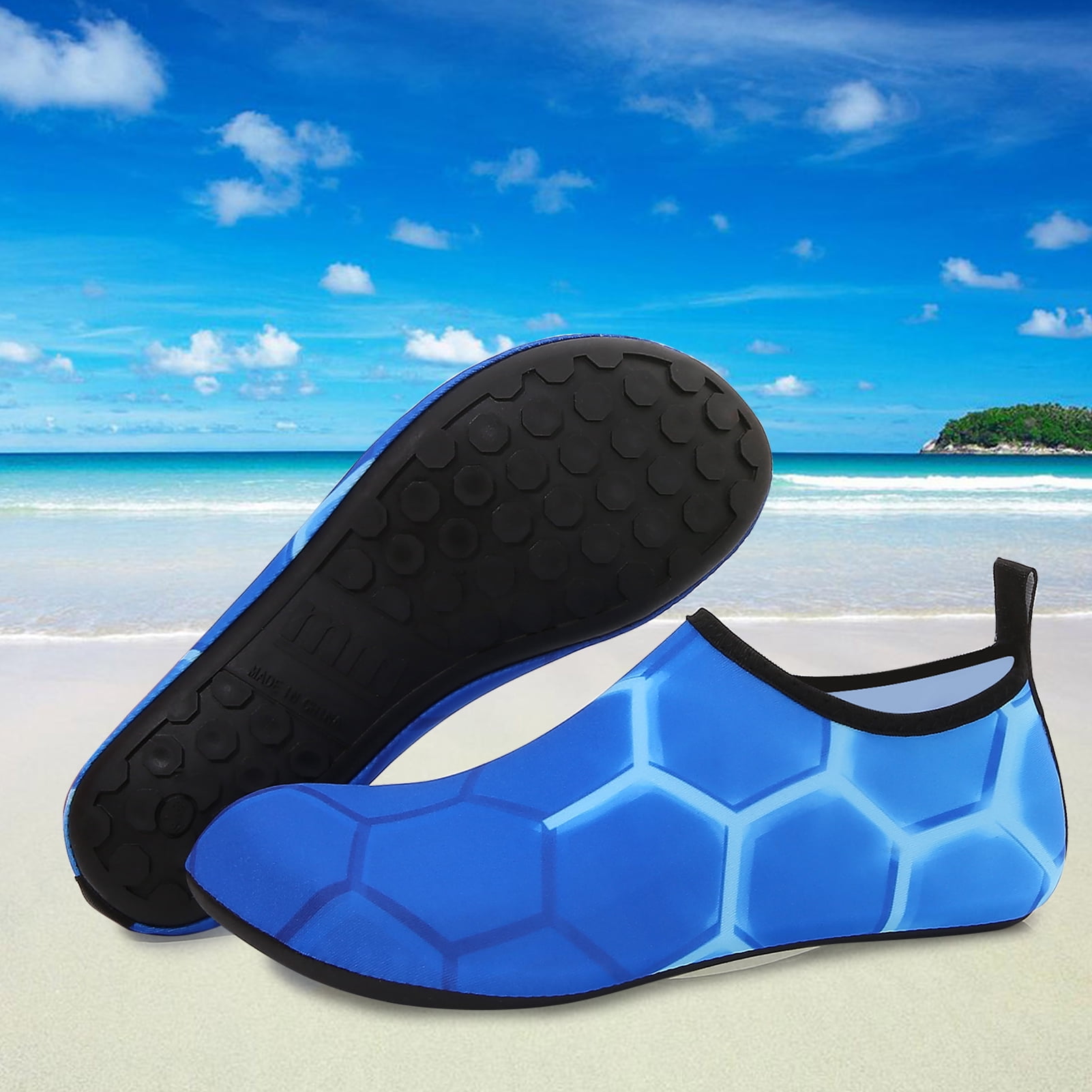 Men and Women a Slip On Barefoot Quick-Dry Beach Aqua Yoga Water Shoes (Neon Hexagon/Blue, 7.5-8.5 Women/6.5-7.5 Men)