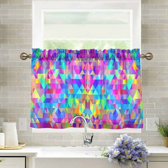 Yayeee Kitchen Curtains Tier Pair Light Filtering 27"x24" Rod Pocket Short Cafe Window Panel, Vibrant Geometric Pattern