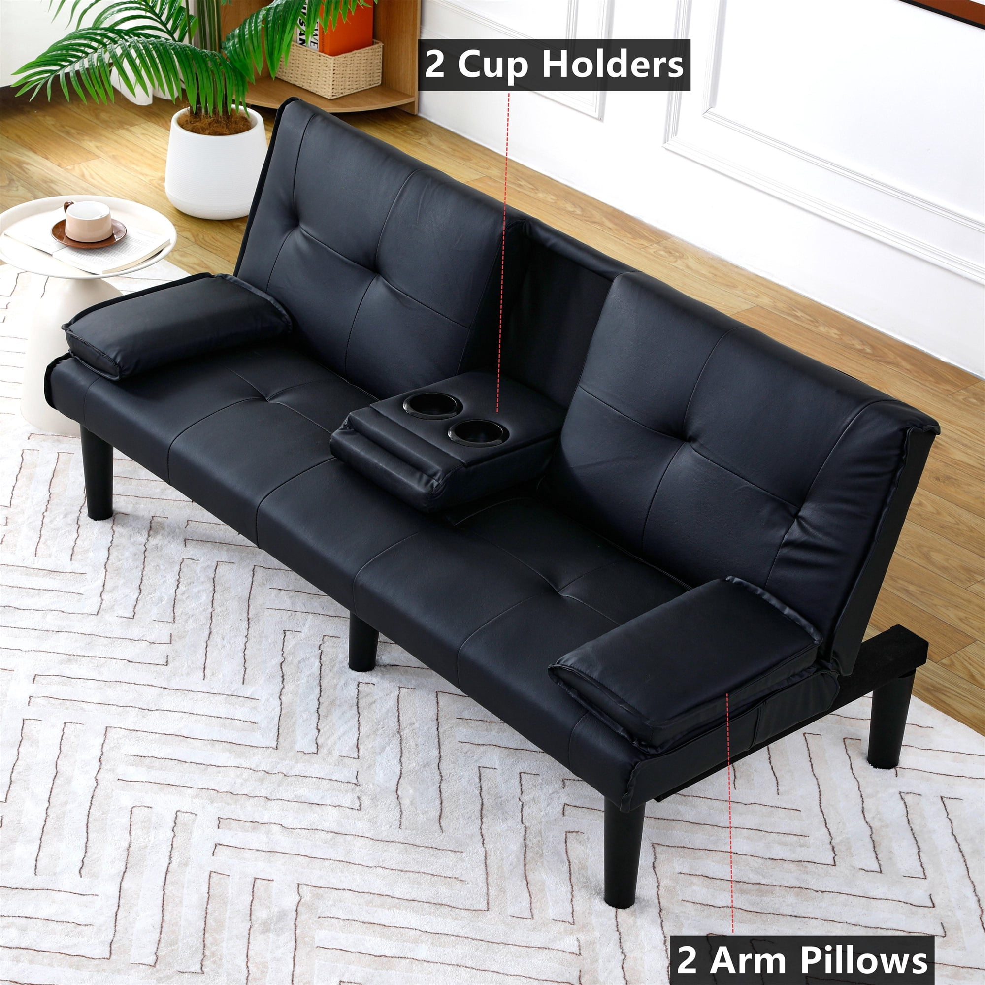 Aukfa Leather Futon Convertible Sofa Bed for Home Office, 2 Cup Holders&Pillows, Black