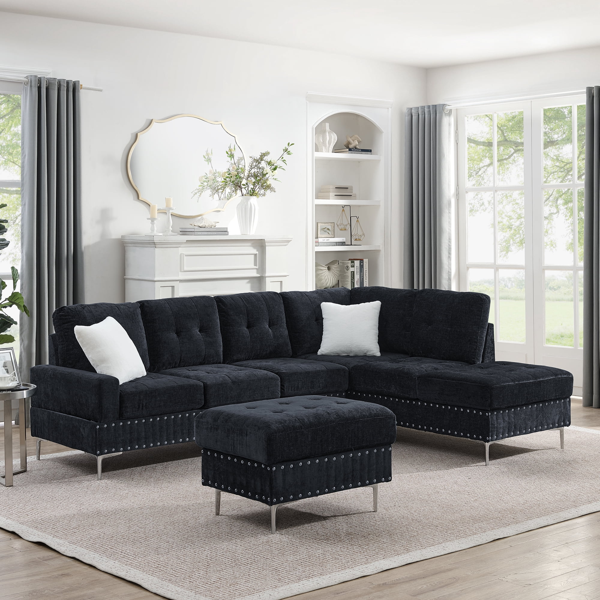Leumius Modular Sectional Sofa with Chaise and Storage Ottoman,U/L Shaped Sectional Sofa with 2 Pillows,Modern Copper Nails Design Couch with Deep Seat and Thickened Cushion for Living Room,Navy Blue