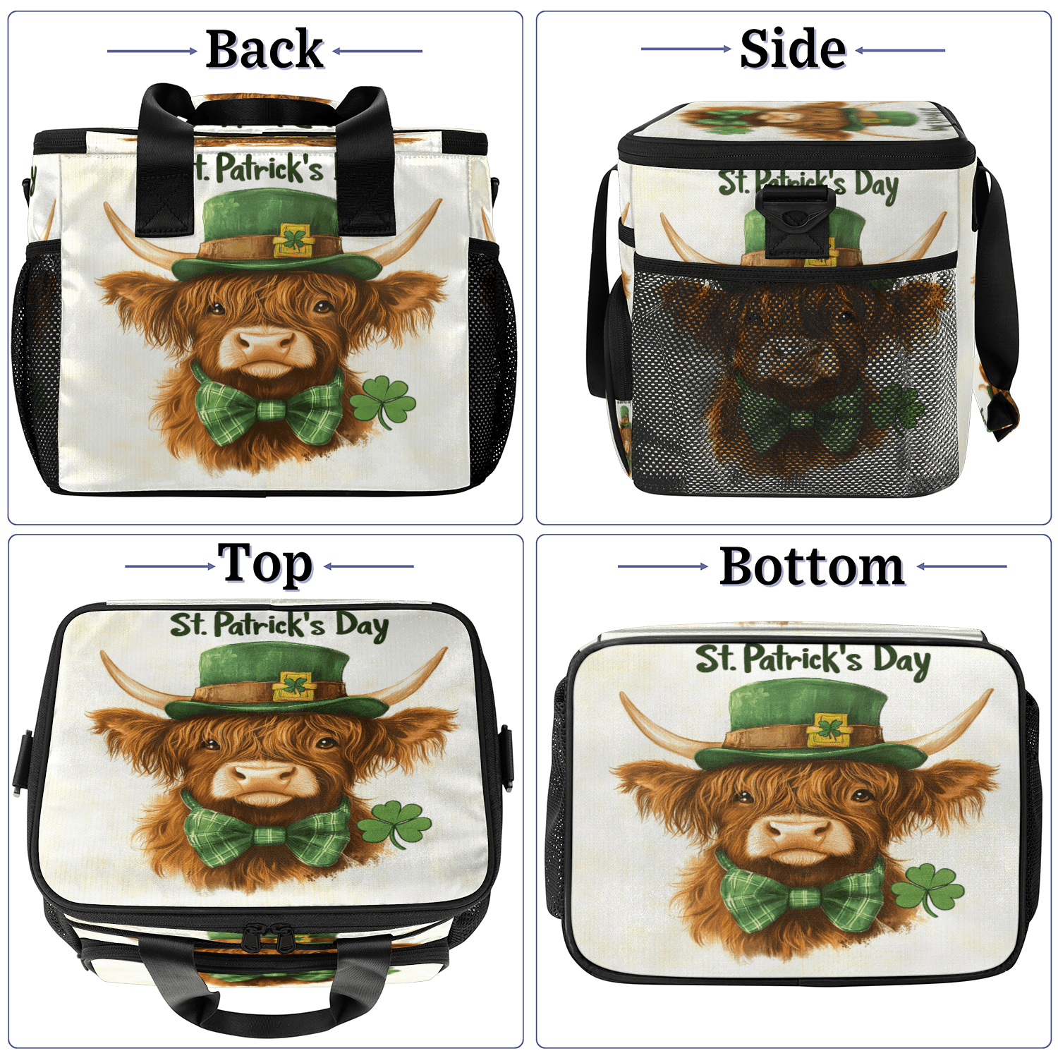 Herdesigns Highland Cow St. Patrick's Day Large Lunch Box for Adults Women Men with Adjustable Shoulder Strap, Insulated Reusable Lunch Bag Leakproof Cooler Tote Bag