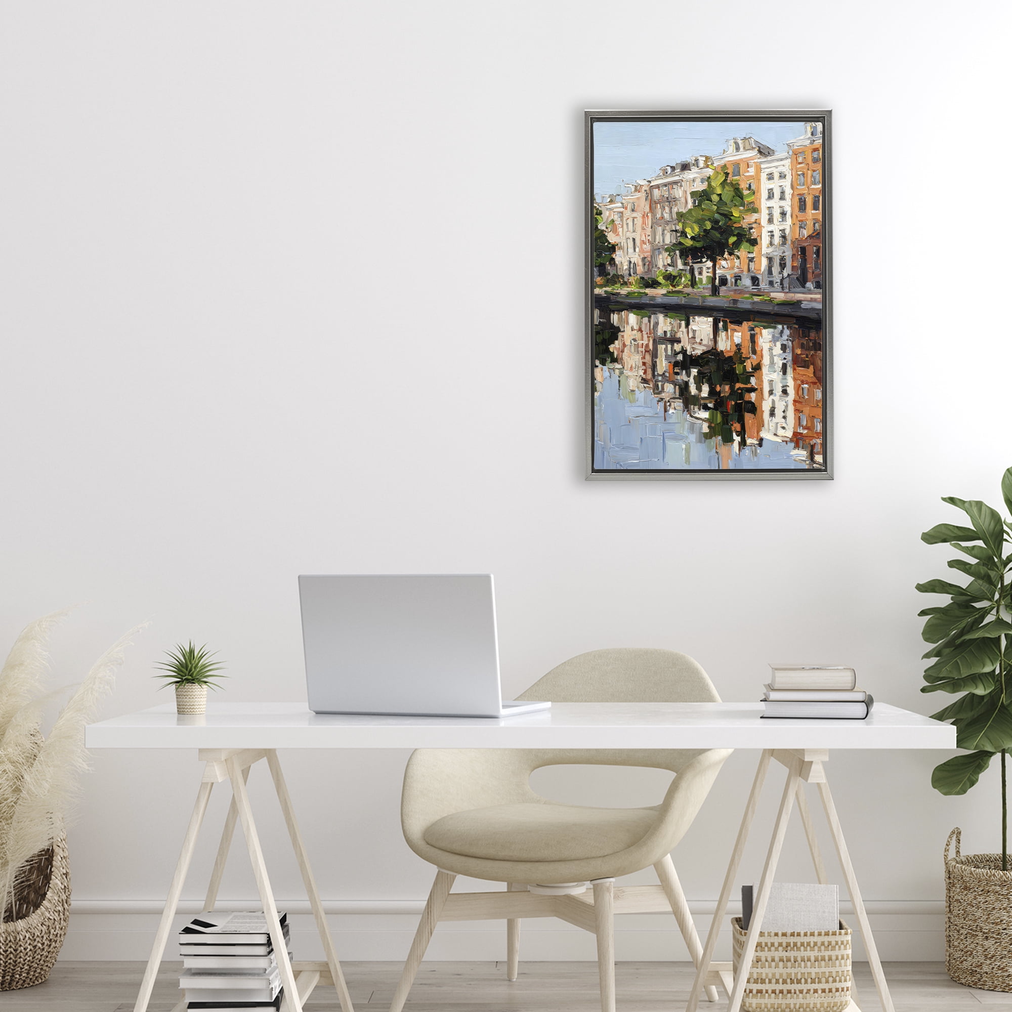 Stupell Industries Waterside Apartments on Canal Gray Framed Floater Canvas Wall Art, design by Petal Prints Design