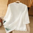 thumbnail image 6 of Holzkary Embroidered Tops for Women Cotton Linen Embroidered Shirt Wide Elastic Stcollar Single Bead Button Loose Top Casual Summer Boho T Shirts Loose Fit Half Sleeve Floral Blouses White 3Xl, 6 of 6