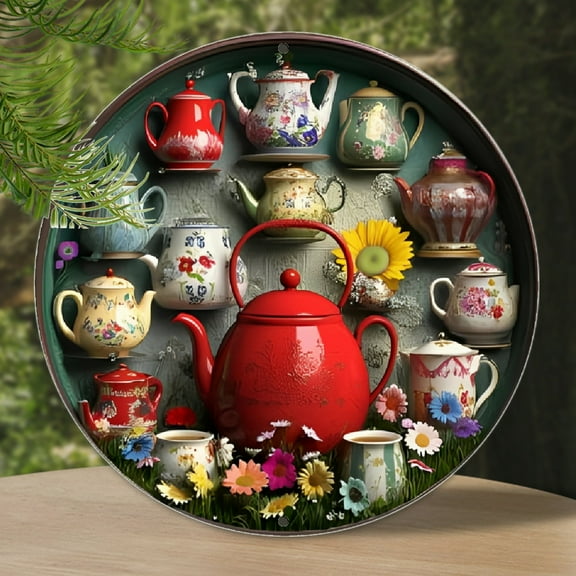 1pc, Teapot Theme Round Metal Sign Decorative Art, High Definition 2D Metal Sign, Vintage Decoration, Suitable for Home, Office, Living Room, Perfect Gift for St. Patrick's Day, Valentine's Day, Easte