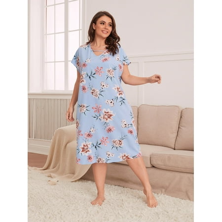 

Women s Plus Floral Print Batwing Sleeve Cut Out V Neck Nightdress 2XL(16) Baby Blue Casual F22001D