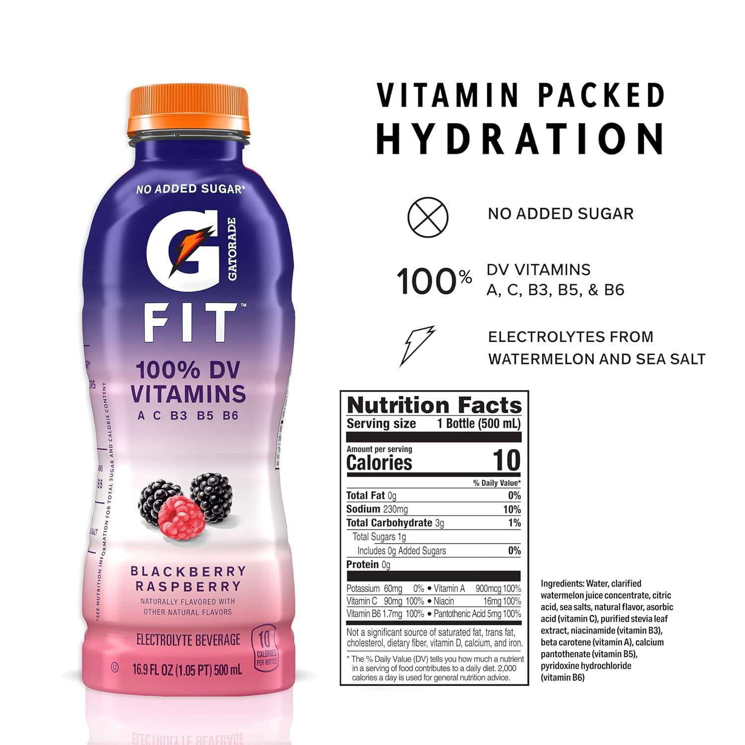Gatorade Fit Electrolyte Beverage, Blackberry Raspberry, 16.9 fl oz Bottles, 100% DV Vitamins, No Added Sugar – Hydration Drink, 4 Pack