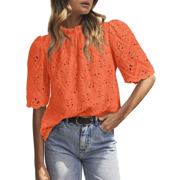 Blusa Prettygarden de verano bordada con ojales para mujer, color naranja