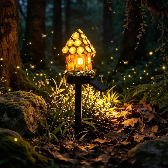 Solar Fairy-Tale Mushroom Cottage Garden Light, Waterproof LED Outdoor Mushroom House Statue Decor Lamp, Auto On/Off Landscape Pathway Light for Yard Patio Lawn Flower Bed