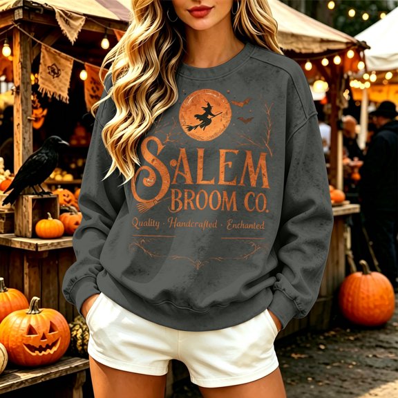 Crewneck Sweatshirts for Women Vintage Witch Graphic Print Long Sleeve Pullover Casual Fall Halloween Festival Tops Dark Gray XXXL