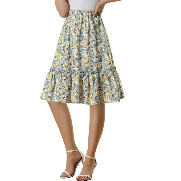 Unique Bargains Jupe Midi Fluide à Volants Superposés en Ligne A à Fleurs pour Femme Blanc Jaune TP