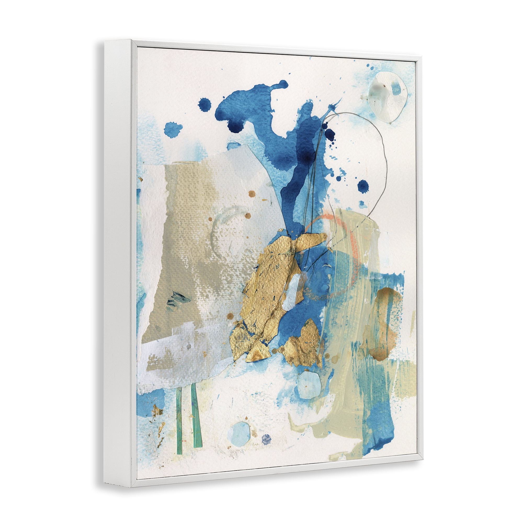 Stupell Industries Blue & Gold Splash Abstract Abstract Painting White Framed Art Print Wall Art, 16 x 20