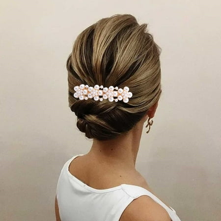 Niceme Women Hair Barrette Gold Pearl Vintage Style French Barrette Formal Pearl Hair Jewelry Bridal Hair Clip Large Hairpiece Flower Girl Barrette