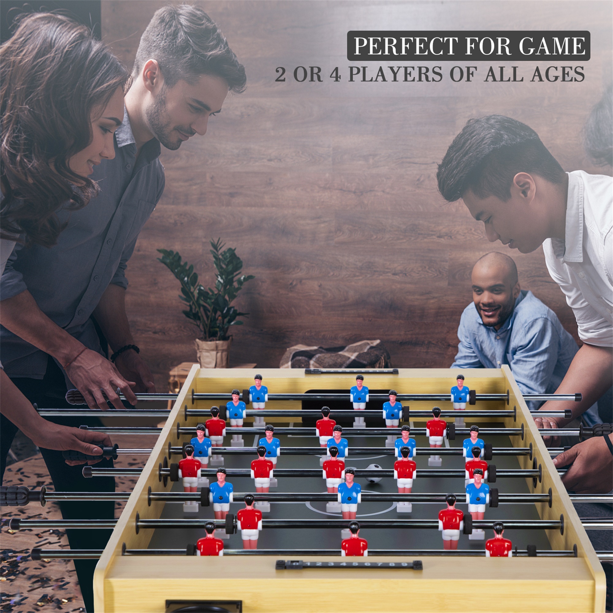 RayChee 48in Foosball Table, Competition Sized Soccer Table for Home, Game Room w/ 2 Balls, 2 Cup Holders (Bamboo Grain)