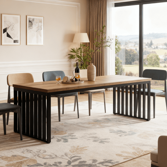 Fnova 78.74" Industrial Dining Table for 6-8 Person, Long Rectangle Wood Kitchen Table with Heavy Duty Metal Frame for Living Room & Home Office
