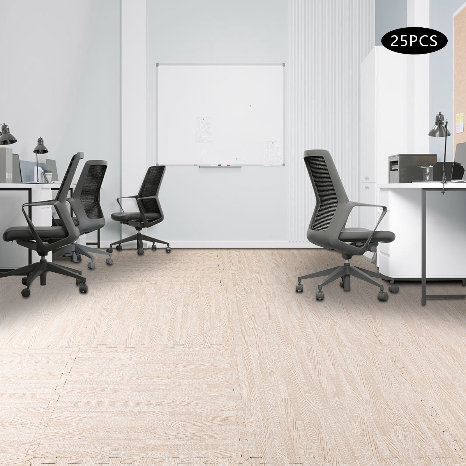 25-Pack White Wood Grain Foam Floor Mats 24x24 Inch Each EVA & PE Interlocking Tiles for Home Gym, Playroom