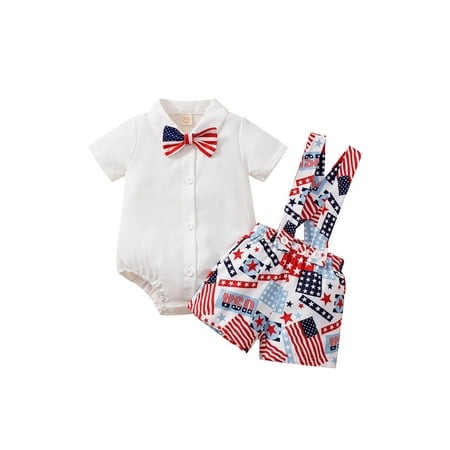 

Wassery Baby Boys 4th of July Gentleman Outfits Short Sleeve Bowtie Shirts Romper Stars Stripe Flag Print Straps Shorts Summer Independence Day Clothes Set