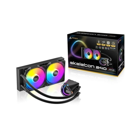 Antec Skeleton 240 ARGB Liquid CPU Cooler, 240mm Radiator, 2 x 120mm PWM ARGB Fans, Hydraulic Bearing, Copper Base, Intel LGA 115X/1200/1700/20XX, AMD AM4/AM5, Black