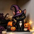 thumbnail image 3 of JWZZYD Halloween Tabletop Decorations Indoor, Black Cat Wooden Tabletop Decor, Striped Checkered Pumpkin Flat Ornament, Vintage Fall Halloween Thanksgiving Mantel Home Desk Decor, 3 of 6