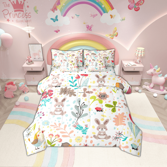 Rabbit Bedding Set Full,Cute Rabbit Bed In A Bag 7 Piece ,Cartoon Rustic Animal Comforter Set With Sheets Kawaii Woodland Leaves Flower Sheet Set With Comforter