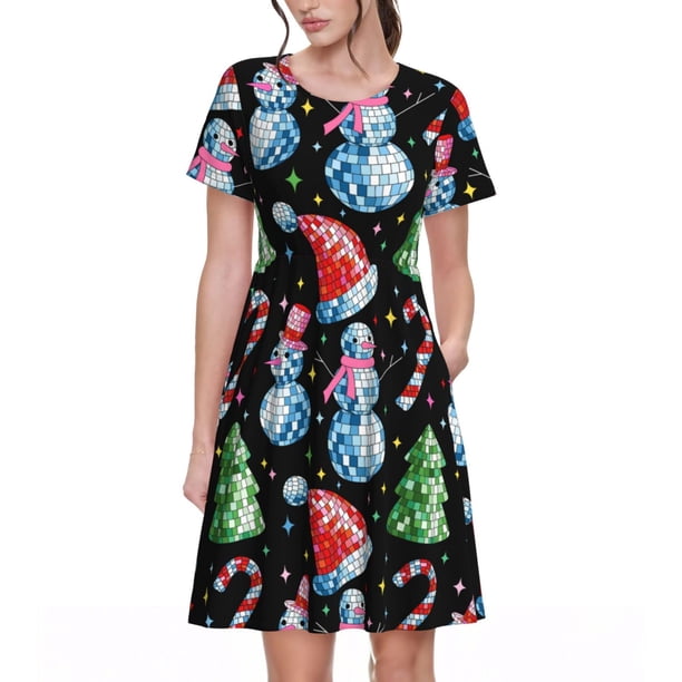 Balery Disco Mirror Ball Snowman Vestidos sueltos de manga corta para mujer, vestidos de verano 2025, vestidos casuales de corte A con vuelo.