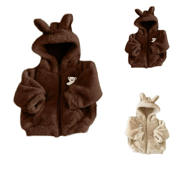 Hrsba Boys Girls Winter Outerwear Coats, Kids Solid Color Furry Hooded Jacket Long Sleeve Warm Outerwear for Boys and Girls