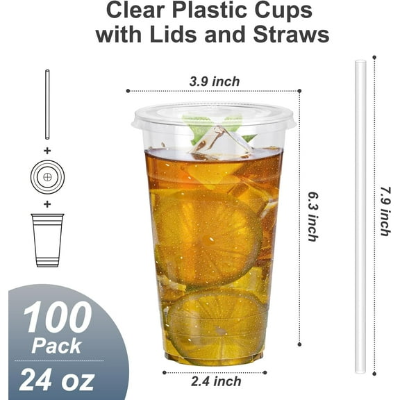SLFR-100 Pack - 24 oz Clear Plastic Cups with Lids and Straws, Sturdy & Food Safe Iced Coffee Cups with lids, Disposable Plastic Smoothie Cups for Cold Drinks