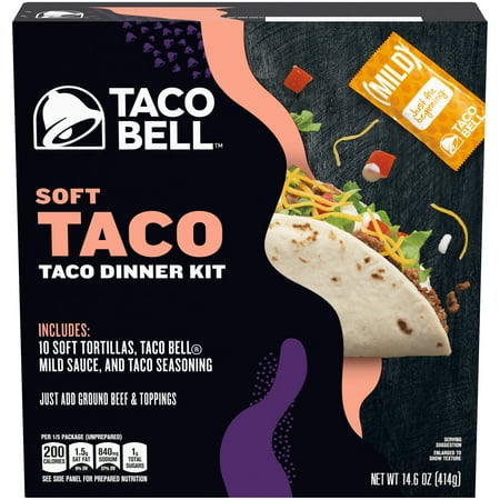 Photo 1 of [EXP 10-22] Taco Bell Soft Taco Dinner Kit with 10 Soft Tortillas, Taco Bell Mild Sauce & Seasoning, 14.6 oz Box