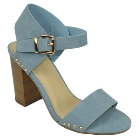 

Delicious Women Thick Block Chunky High Heels Ankle Strap Open Peep Toe Studded Buckled Urkel-S Light Blue 7.5