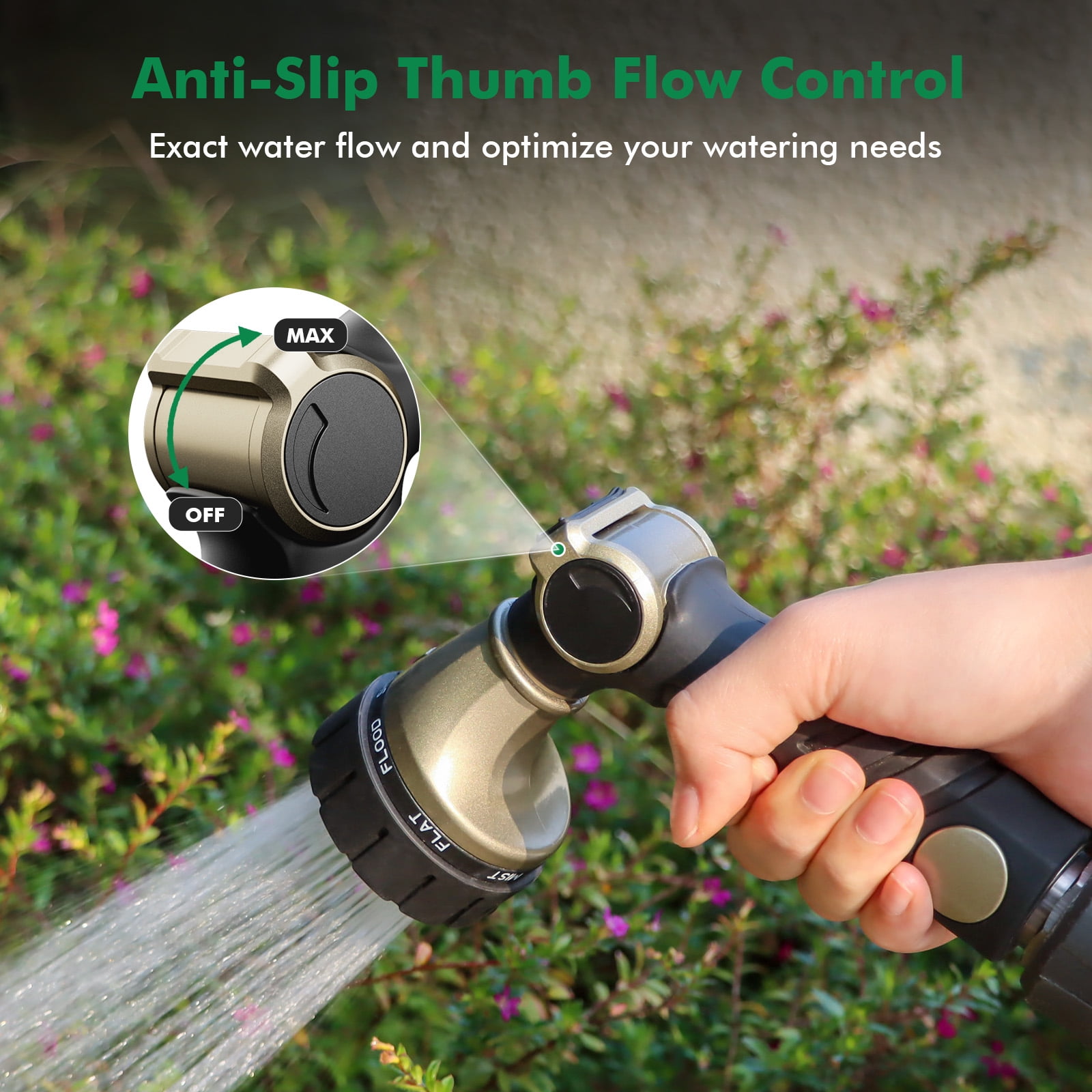 Restmo Ergonomic Zinc-alloy Garden Hose Nozzle, 7 Watering Patterns, Thumb Control, High Pressure Sprayer，Black