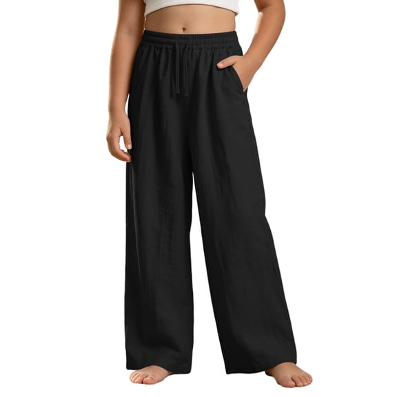 Kiijoy Girls Linen Wide Leg Pants Breathable Pull On Pants with Pocket, Black, Sizes 4-14