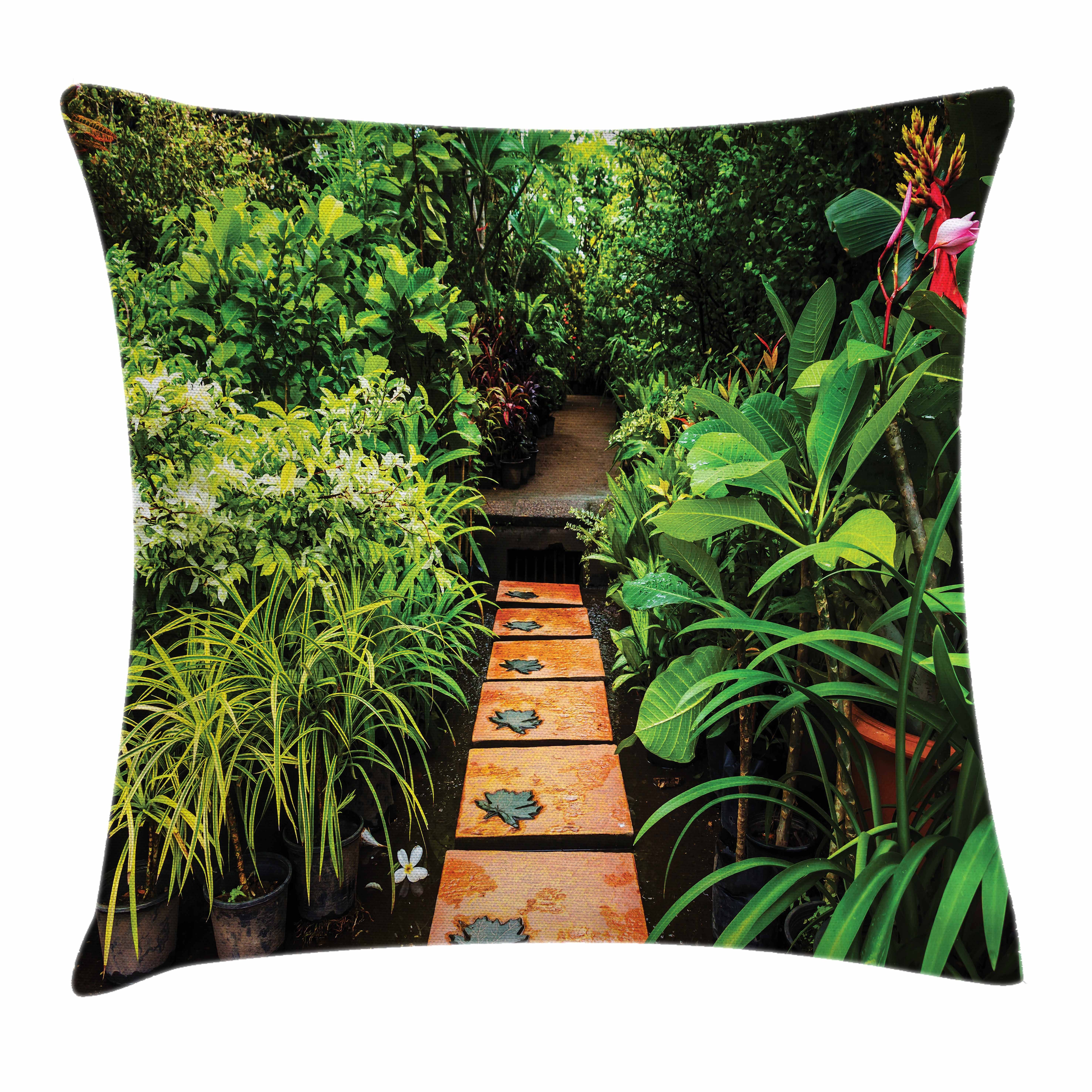 Zen Garden Throw Pillow Cushion Cover, Lush Garden with Tropical Plants