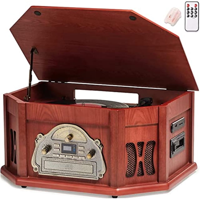 ORCC Tocadiscos 10 en 1, Tocadiscos Nostálgico para Discos de Vinilo con Bluetooth, 2 Altavoces Incorporados, CD, Cassette, Radio AM/FM, USB, Ranura SD, Control Remoto