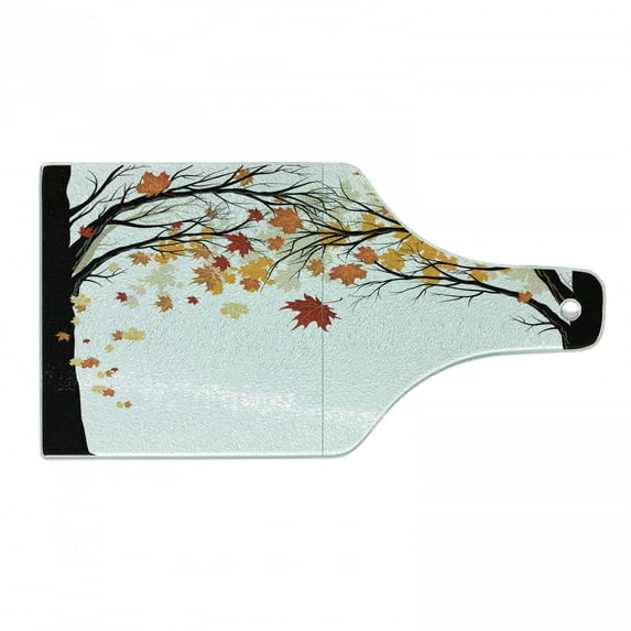 Tree Cutting Board, Framework with Black Tree Silhouettes and Dried Leaves Autumn Season Nature Forest, Decorative Tempered Glass Cutting and Serving Board, in 3 Sizes, by Ambesonne