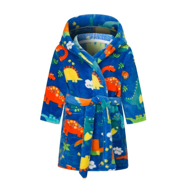 Dvkptbk Kids Fleece Hooded Bathrobes, Warm Graphic Soft Fuzzy Bath Robe for Kids Soft Robe Sleepwear with Belt 3-4 Years