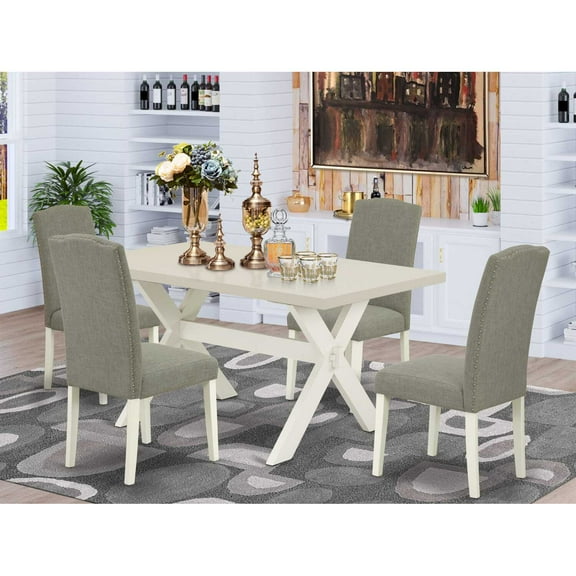 East West Furniture 5-Pc Dinette Set Included 4 Parson Dining chairs Upholstered Nails Head Seat and Stylish Chair Back and Rectangular Dining Table with Linen White rectangular Table Top - Linen...