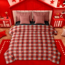 Homewish Classic Buffalo Plaid 7-Piece Twin Bedding Sets,Checkered Geometric Bedding Comforter Set,Red Gray Grid Sheet Sets For Girls Boys,Super Cozy Room Decor Reversible